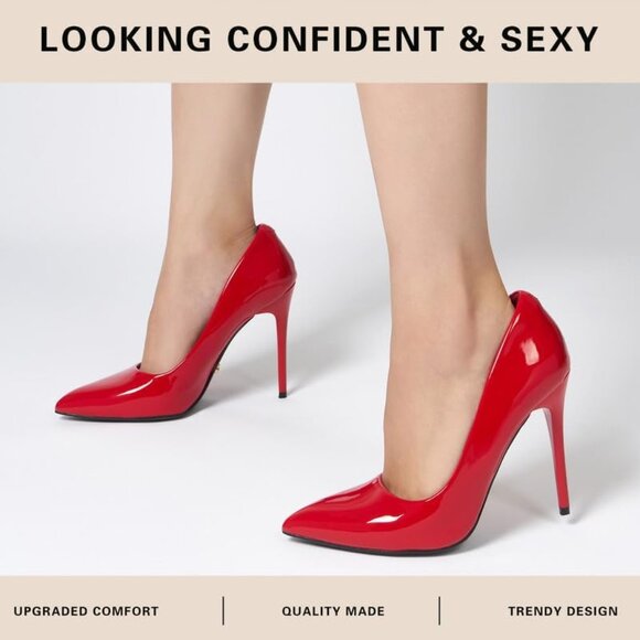 Womens Red Polyurethane (PU) Pointed Closed Toe Slip On Heels Leather Pumps - Picture 6 of 8